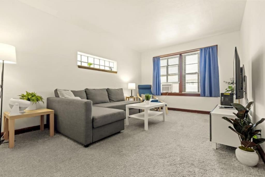 a living room with a couch and a tv at Cozy 1-bedroom apartment with free parking in Saint Louis