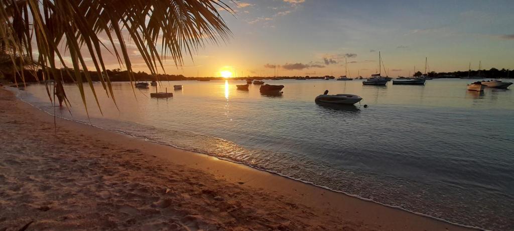 a beach with boats in the water at sunset at Coco Lux Mon Amour in Grand Baie