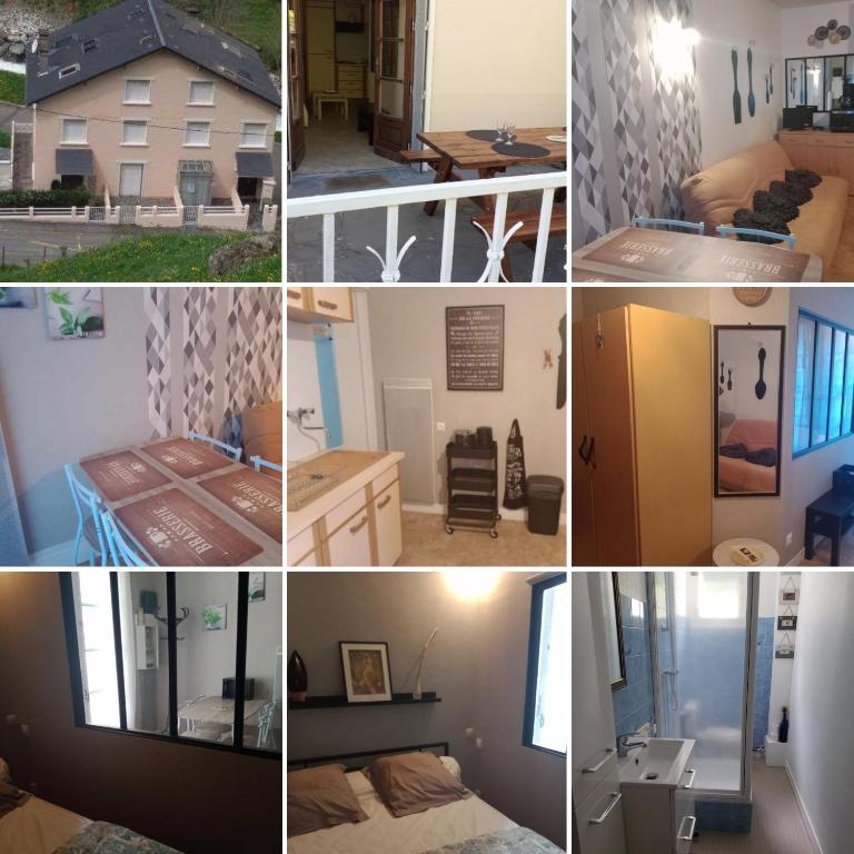 un collage de différentes images d'une pièce dans l'établissement CAUTERETS Appartement F 2 vue sur montagne, à Cauterets