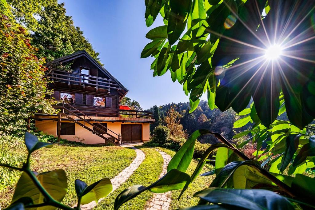 a house on a hill with the sun in the sky at Chalet FOREST Villa in Kamnik