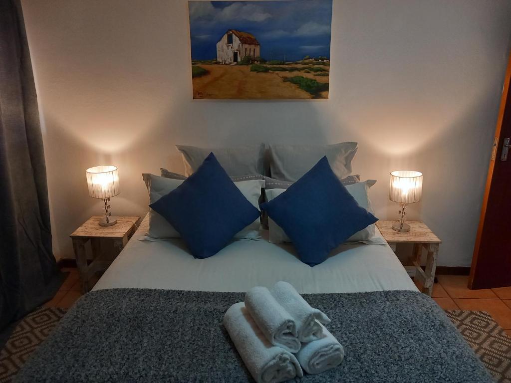 a bedroom with a bed with blue pillows and two lamps at 19 on Kruger in Colesberg