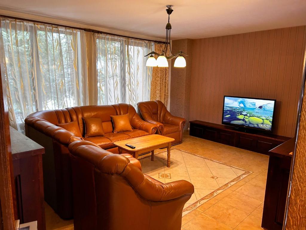 a living room with a leather couch and a tv at Spacious, 3BD home in Radauti in Rădăuţi
