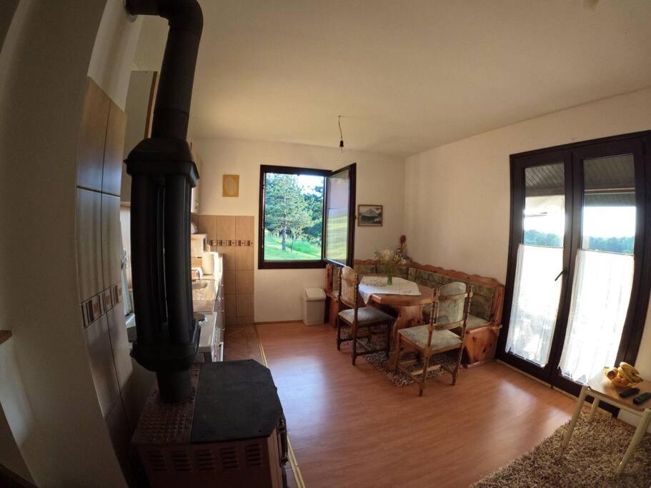 ein Wohnzimmer mit einem Holzofen in einem Haus in der Unterkunft Povetarac in Divčibare