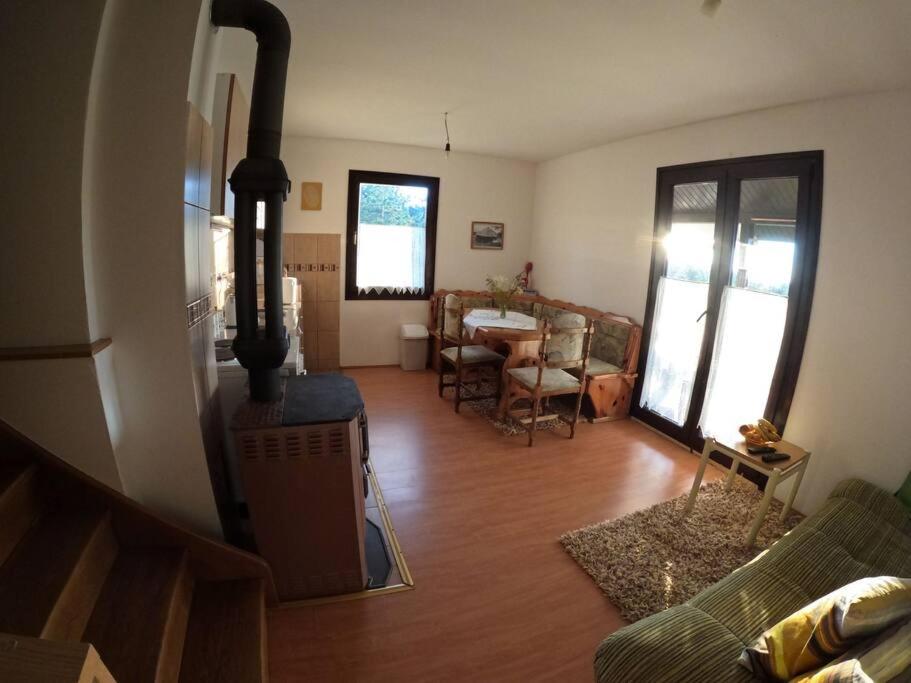 ein Wohnzimmer mit einem Kamin und ein Wohnzimmer mit einem Sofa in der Unterkunft Povetarac in Divčibare