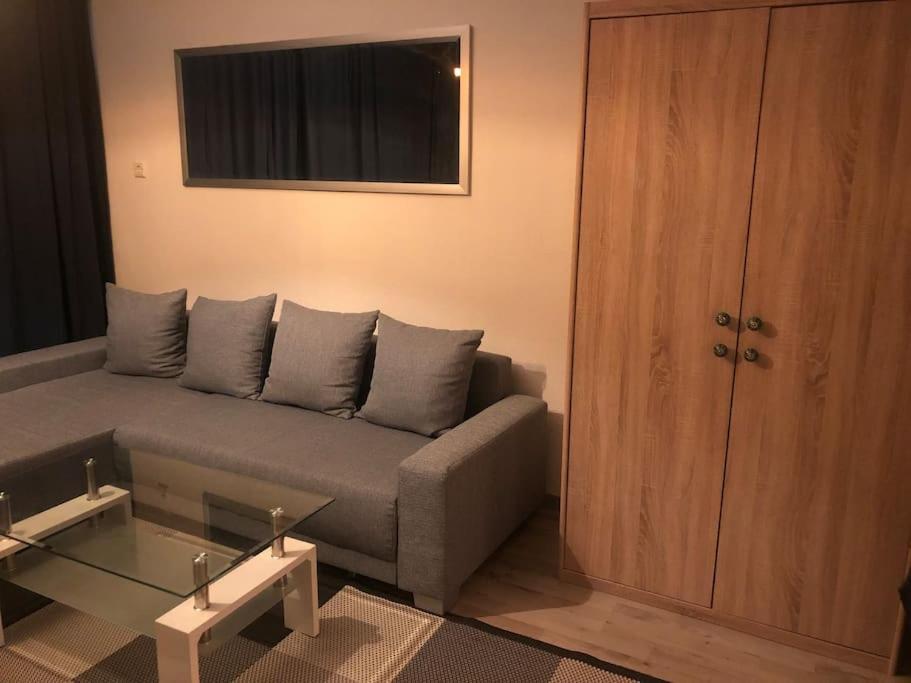 ein Wohnzimmer mit einem Sofa und einem Glastisch in der Unterkunft Eine 2 Zimmer Ferienwohnung Münster City in Münster