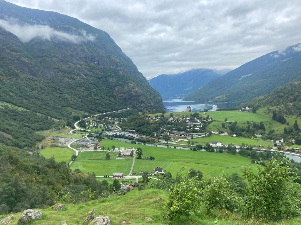 een uitzicht op een vallei met een rivier en bergen bij Brekke Apartments in Flåm