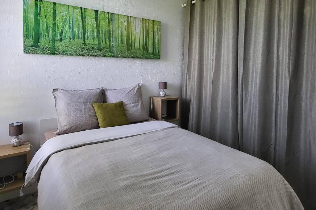 a bedroom with a bed with a green painting on the wall at Appartement magnifique vue mer in Le Gosier