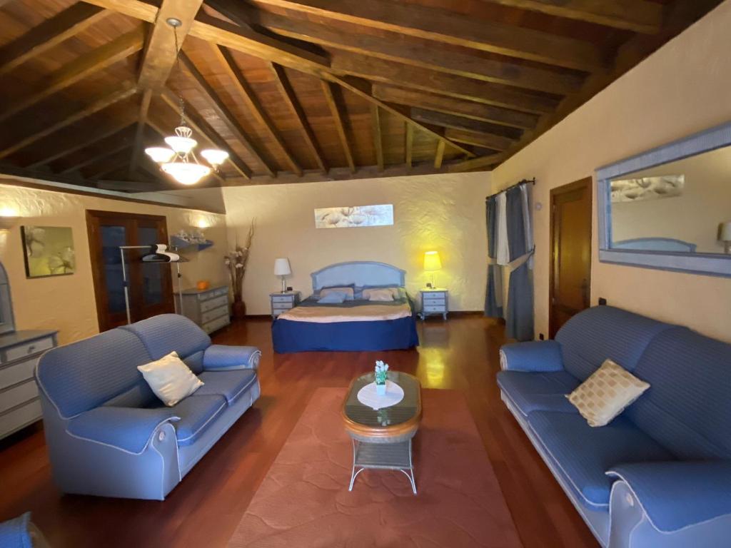 sala de estar con sofás azules y cama en Finca Toredo, en San Miguel de Abona
