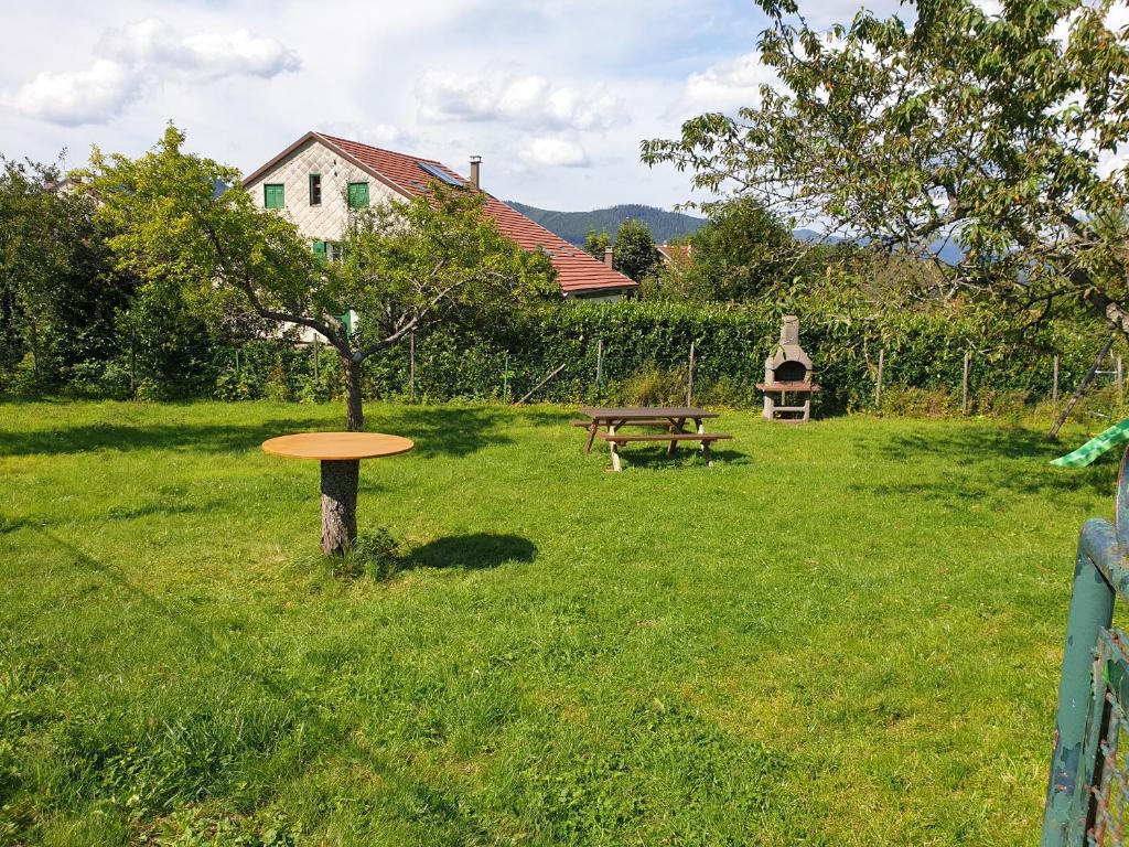 een park met een tafel en een bank in het gras bij Maison De Vacances A Freconrupt in La Broque