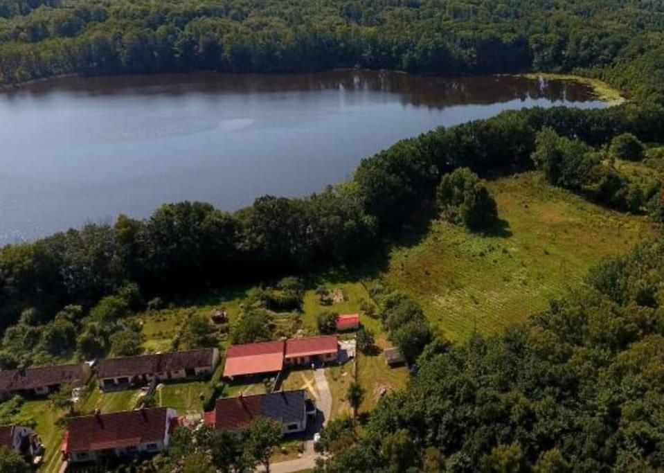 z góry widok na dom nad jeziorem w obiekcie Domek Przy Lesie SPA w Szczecinku