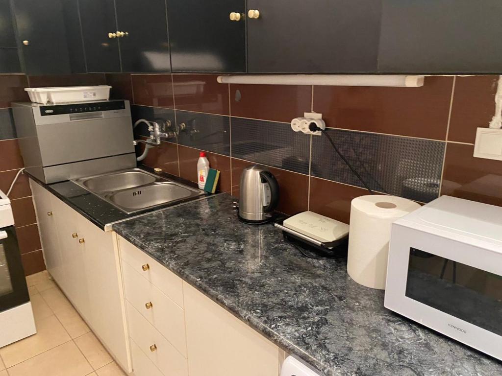 eine Küche mit einer Spüle und einer Mikrowelle in der Unterkunft Glyfada First Center in Athen