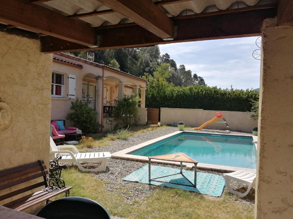 a swimming pool in the backyard of a house at The happy house in Le Martinet