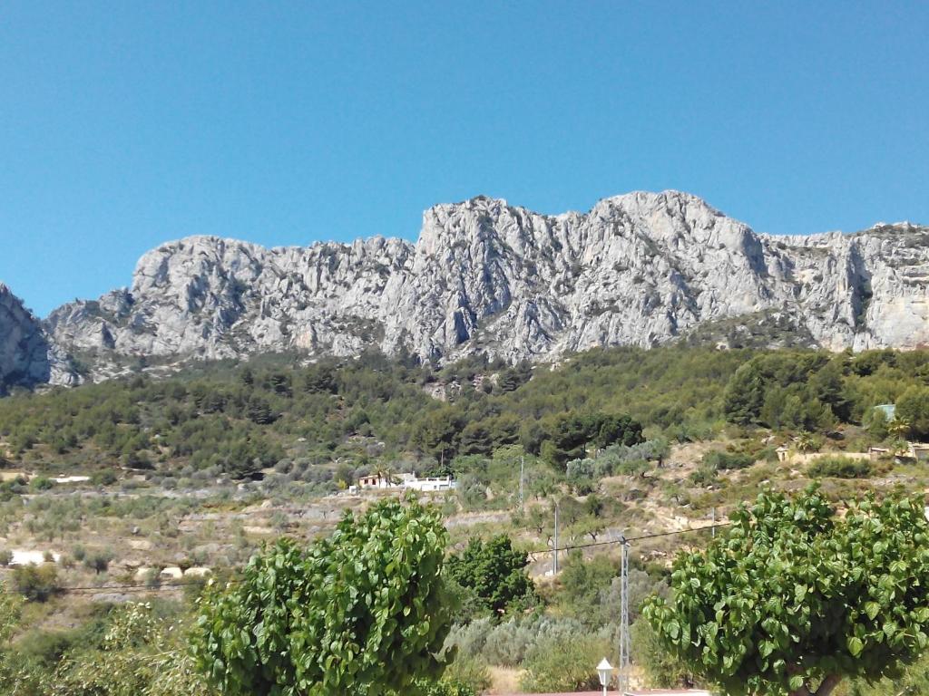 a mountain in the distance with trees in the foreground at Rincón De Pepe in El Castell de Guadalest