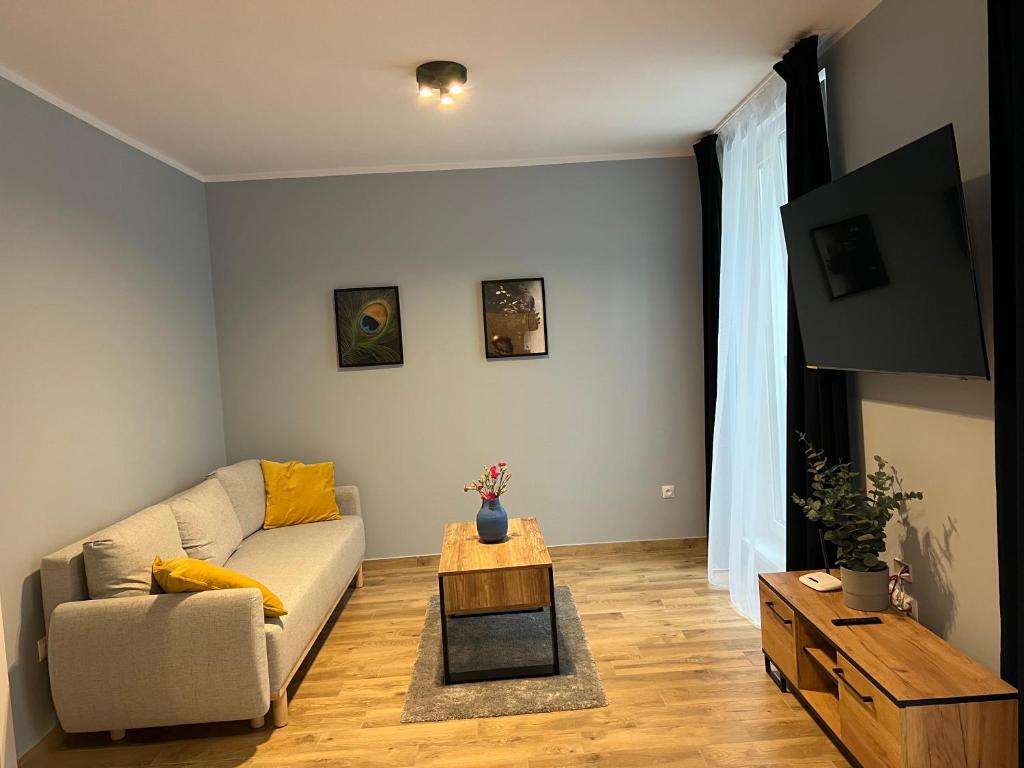 a living room with a couch and a coffee table at Aquarius Kilińskiego 5 in Grodzisk Mazowiecki