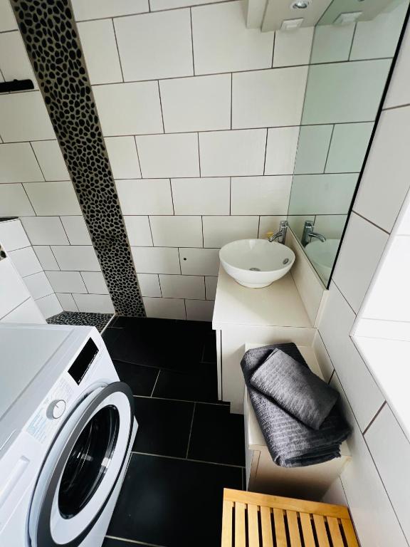 a bathroom with a washing machine and a sink at Charmant duplex à BILLÈRE aux portes de Pau in Billère