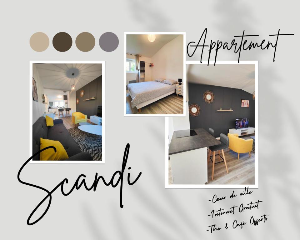 Un collage de fotos de un dormitorio y una sala de estar. en Joli T2 Scandi, en Riom