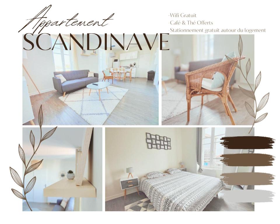 un collage de imágenes de una sala de estar y un dormitorio en T2 neuf Le SCANDINAVE en Riom