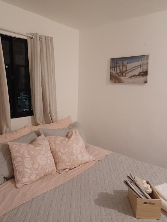 1 dormitorio con cama con almohadas y ventana en Alexandra Guridy Room For Rent, en Los Tres Ojos de Agua