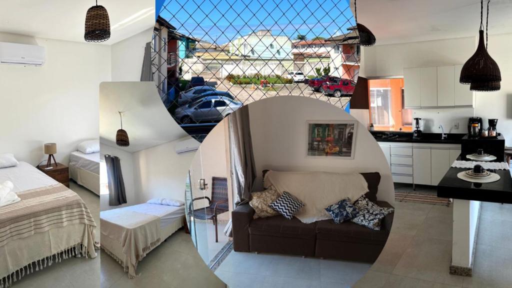 drie foto's van een woonkamer en een keuken bij Porto Ville Home - AP 2 quartos in Porto Seguro