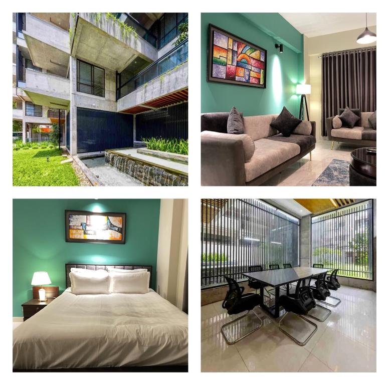 three pictures of a room with a bed and a table at Gulshan Stylish 3 bedroom Luxury Apartment in Prime location in Dhaka