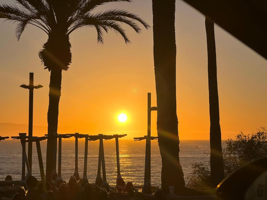 a sunset at the beach with palm trees at Rustic apartment close to the beach of Alcalá! in Alcalá