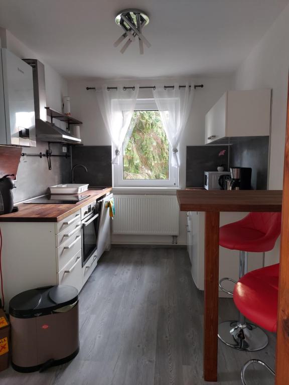 a small kitchen with a table and a window at Ferienwohnung Paul Hille in Dresden