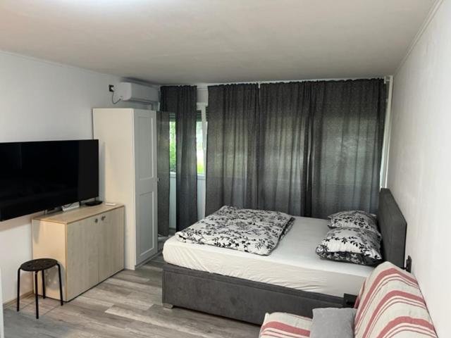 a bedroom with a bed and a flat screen tv at Apartman Utrine 1 in Zagreb