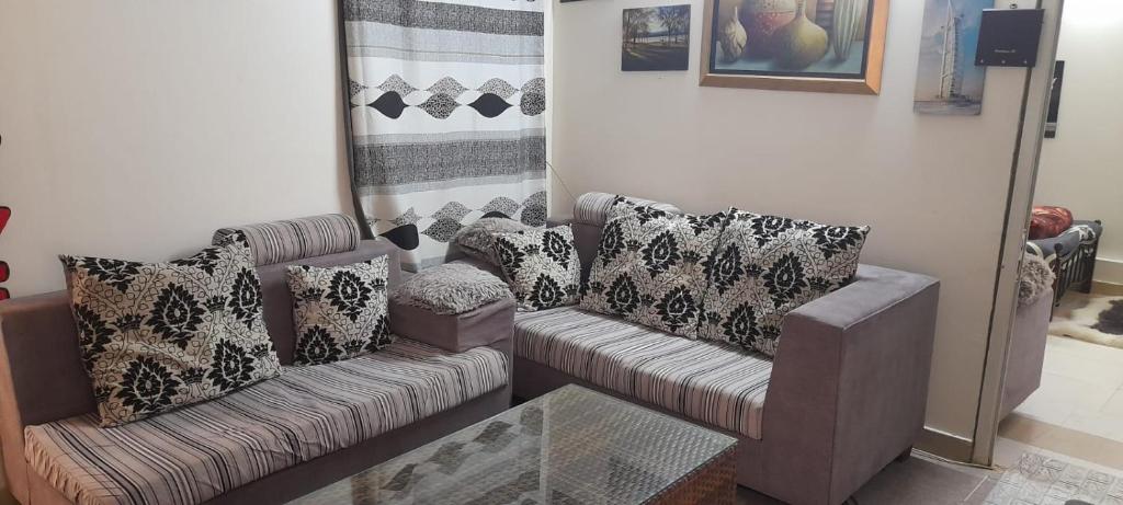 ein Wohnzimmer mit einem Sofa und Kissen in der Unterkunft HOUSE IN AL AIN - ALL THE HOUSE FOR EACH Reservation in al-Ain