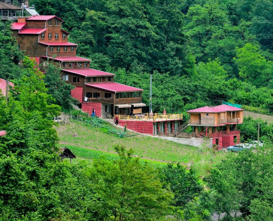 um grupo de casas numa colina com árvores em Gogalay Bungalov Hotel -Restoran em Artvin