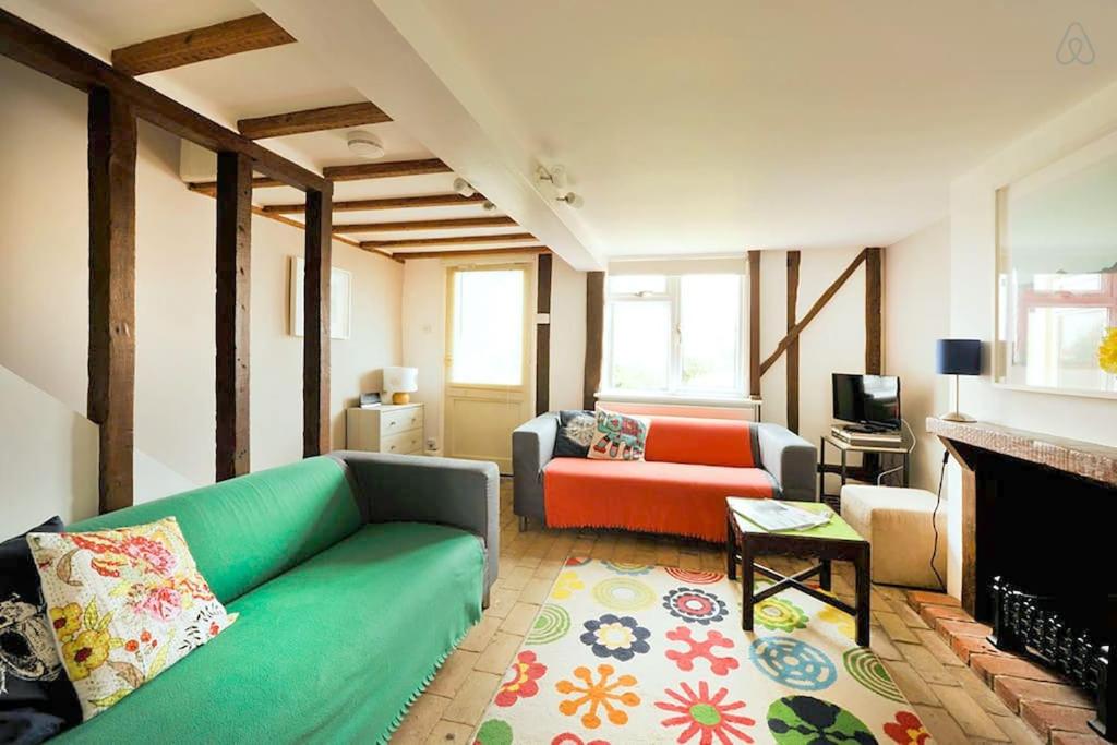 a living room with a couch and a fireplace at Period Cottage near Suffolk Coast and Forest in Tunstall