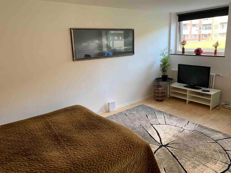 - un salon avec un lit et une télévision dans l'établissement Mysig & lugn lägenhet centralt, à Helsingborg