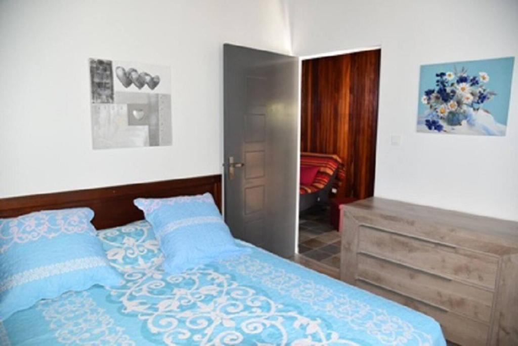 a bedroom with a blue bed and a mirror at Le Papyrus in Cilaos