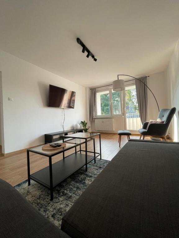 een woonkamer met een bank en een tafel bij Guido Apartament in Zabrze