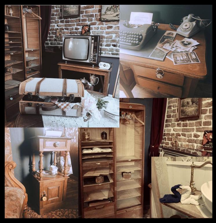 un collage de photos d'une chambre avec un bureau et une télévision dans l'établissement Escap'Home - Appartement insolite avec enquête en autonomie - Escape game Locked, à Friville-Escarbotin