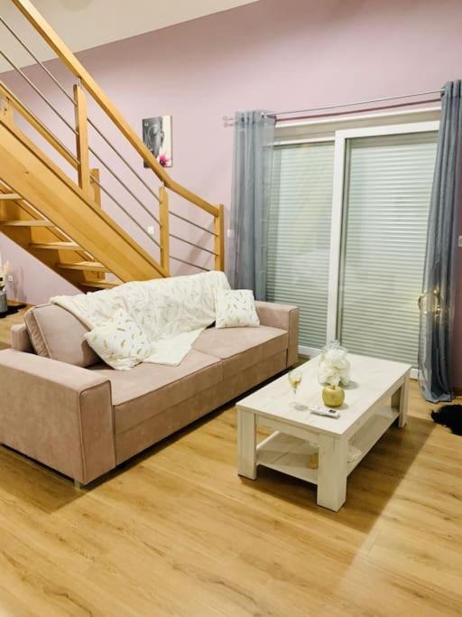 un salon avec un canapé et une table dans l'établissement Gîte Cosy au cœur de l'Alsace, à Roggenhouse