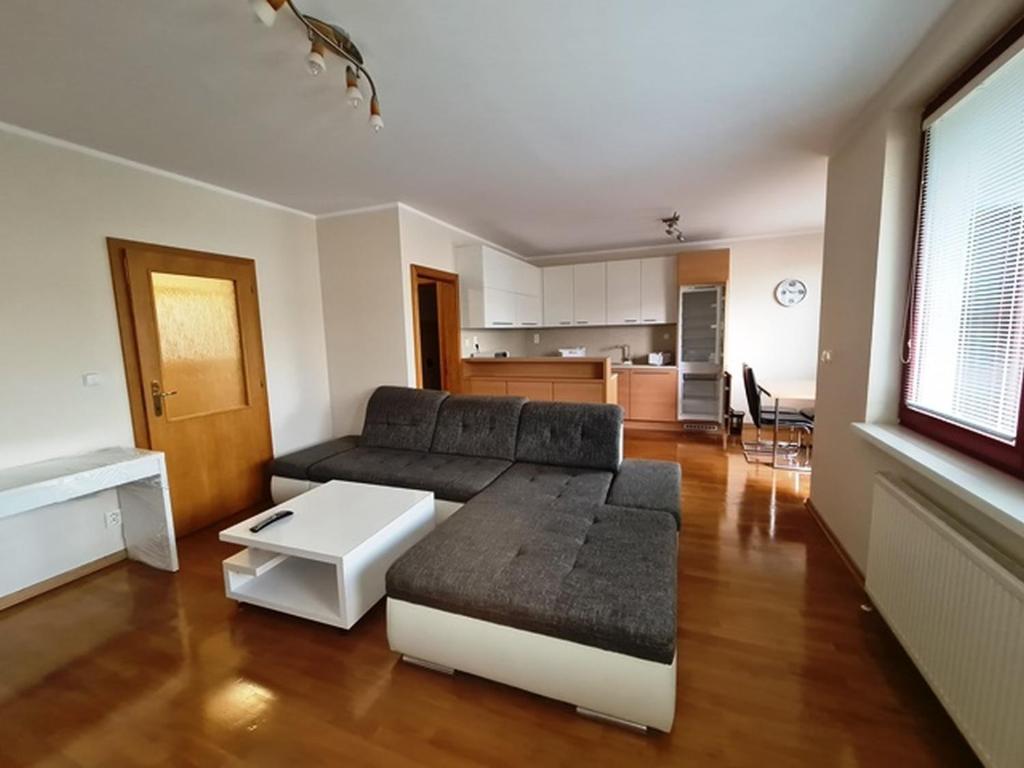 a living room with a couch and a table at Apartment 'ACTIVE LIFE' - near to Hockey, Football and Basketball stadium, VIVO Shopping center in Bratislava