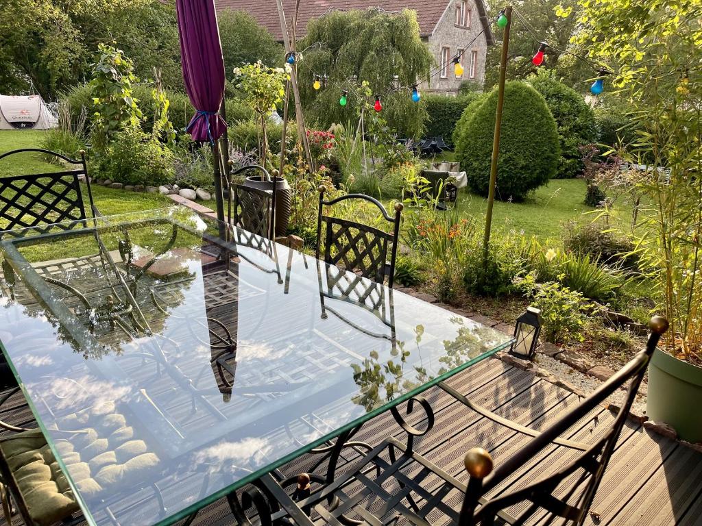 a pond in a garden with two chairs and an umbrella at A l'Ombre des tilleuls in Husseren-Wesserling