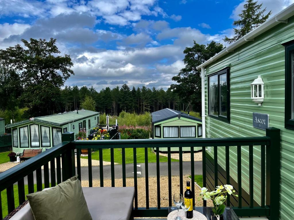 a view from the deck of a tiny house at The Ascot by North Shacks in Slaley