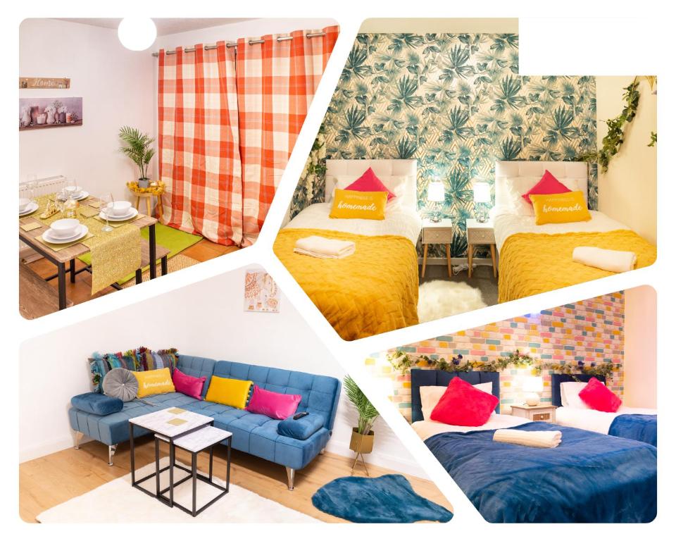 un collage de cuatro fotos de una habitación en Bakerville Stays - Home in Osier - 3 Bed, en Nottingham