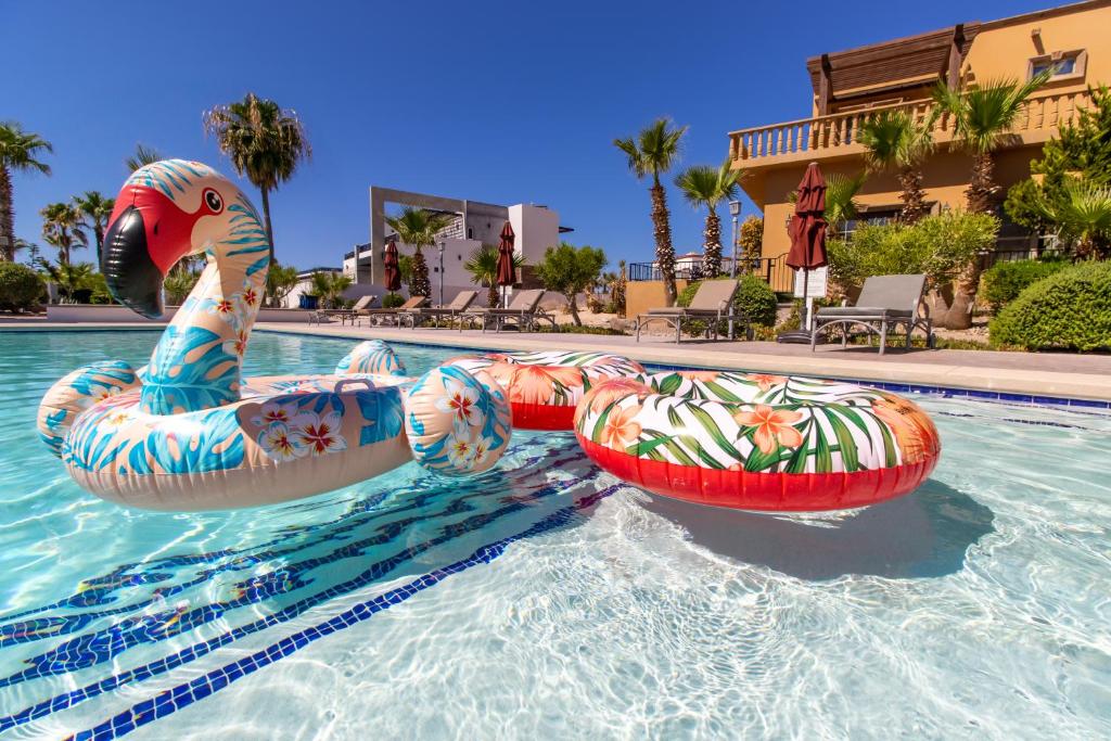 two inflatable swans in a pool at a resort at Sandy Beach Costa Diamante E15 House Game Room Dog Friendly in Puerto Peñasco