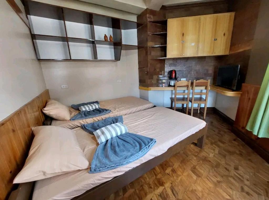 1 dormitorio con 1 cama grande y 2 almohadas en Simple Room in a Transient House en Baguio