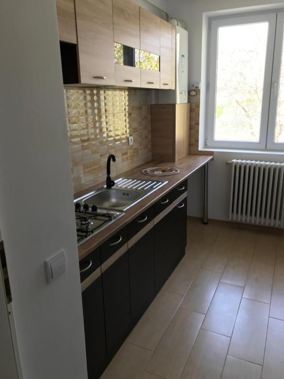 a kitchen with black cabinets and a sink and a window at Cazare barlad in Bîrlad