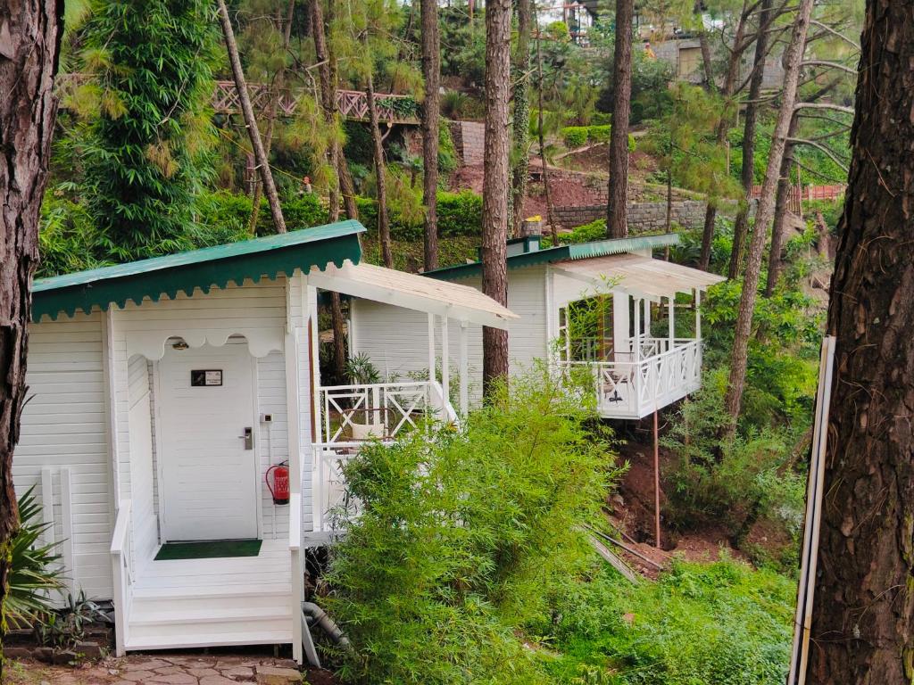 a white house in the woods with a tree at Kasauli Hills Resort in Kasauli