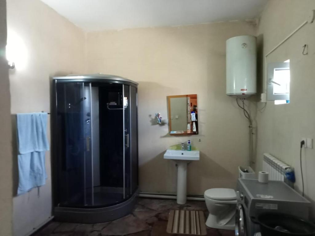 a bathroom with a shower and a toilet and a sink at Hostel Praga in Türkistan