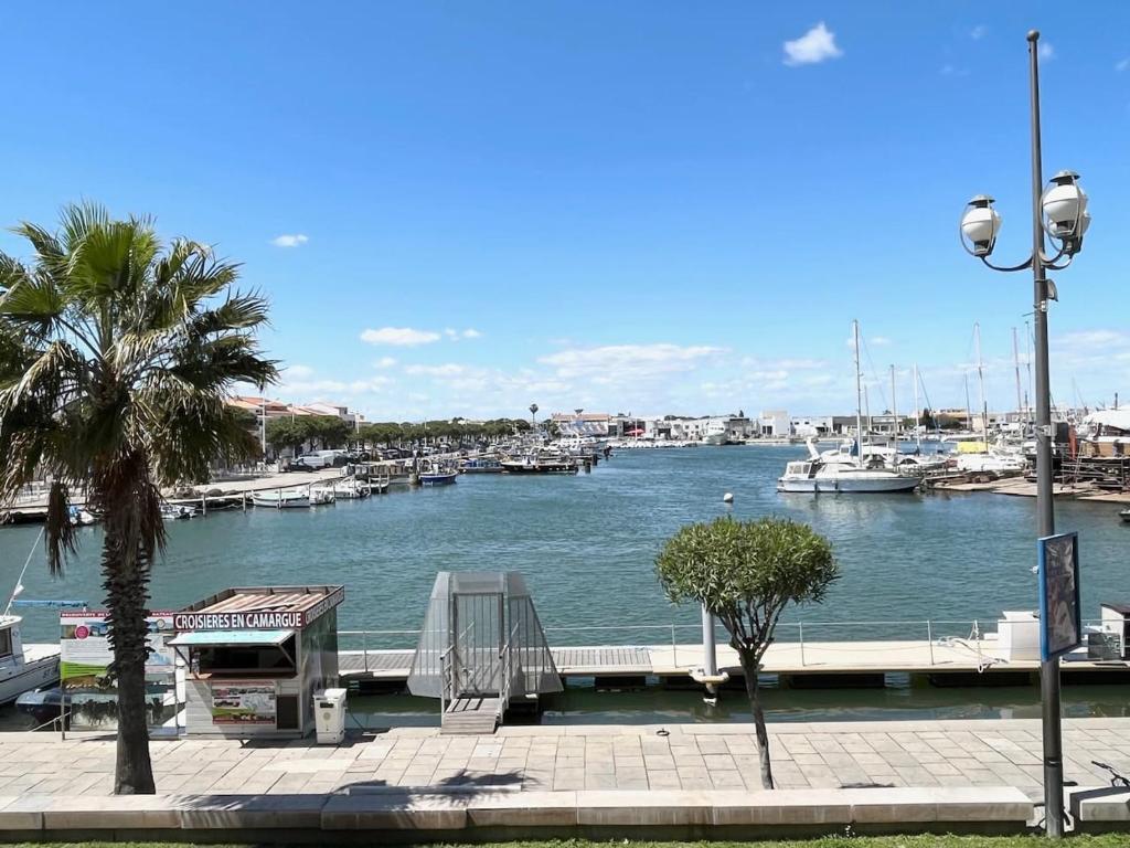 une vue d'une marina avec des bateaux dans l'eau dans l'établissement Charmant P2 Cabine, vue exceptionnelle sur le port, au Grau-du-Roi