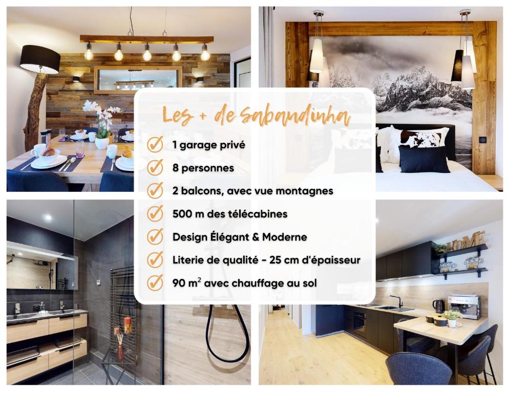 un collage di foto di una cucina e di un volantino di Élégant et Moderne avec Vue Montagne au Coeur de Paradiski - Garage - 8pers - 90m2 - Sabaudinha a Champagny-en-Vanoise
