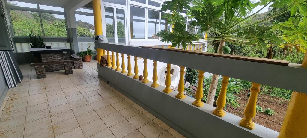einen Balkon mit gelbem Geländer in einem Haus mit Pflanzen in der Unterkunft Recanto da Montanha in Rui Vaz
