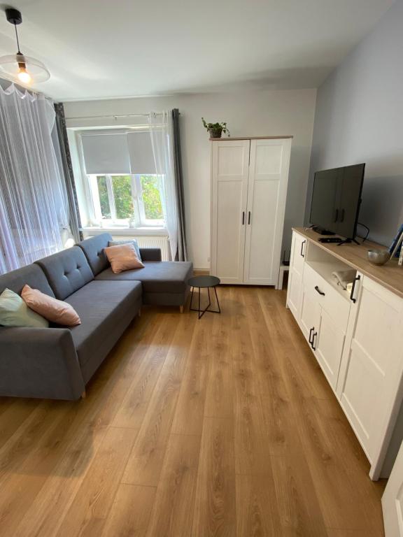 a living room with a couch and a television at Apartament Czytelnia - parking gratis in Poznań