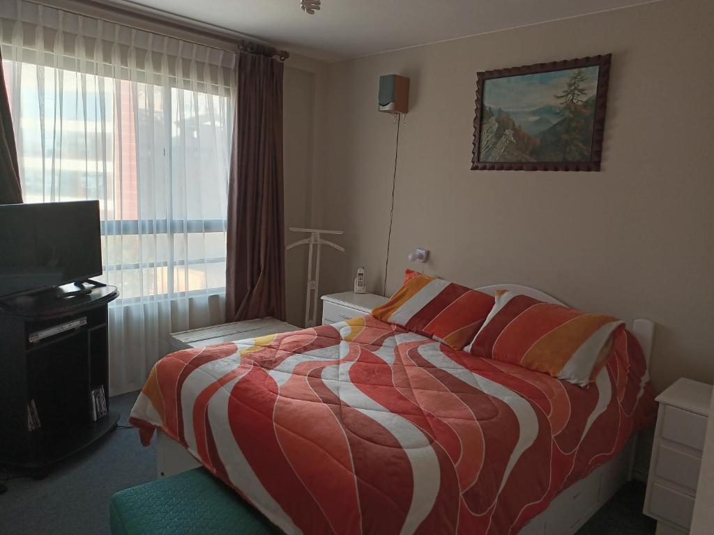 拉巴斯的住宿－acogedor departamento，一间卧室配有一张床、一台电视和一个窗口