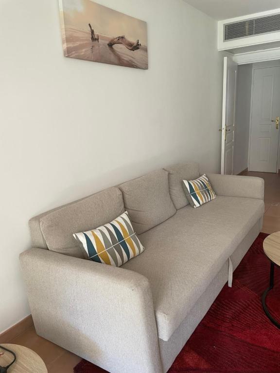 eine Couch in einem Wohnzimmer mit einem Bild an der Wand in der Unterkunft 2 pièces Saint Raphael rénové, classé 4 étoiles, 100 m plages, piscine, tennis, parc, terrasse, jardin privatif in Saint-Raphaël